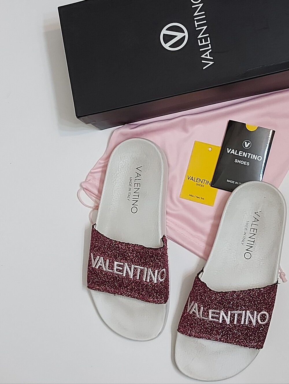 Valentino Women's White Slide Sandals with Burgundy Glitter Strap